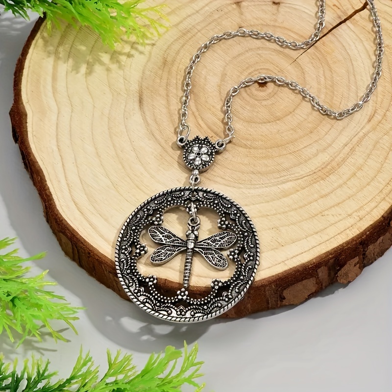 Men's Round Necklace Cutout Round Pendant Necklace Dragonfly Pendant